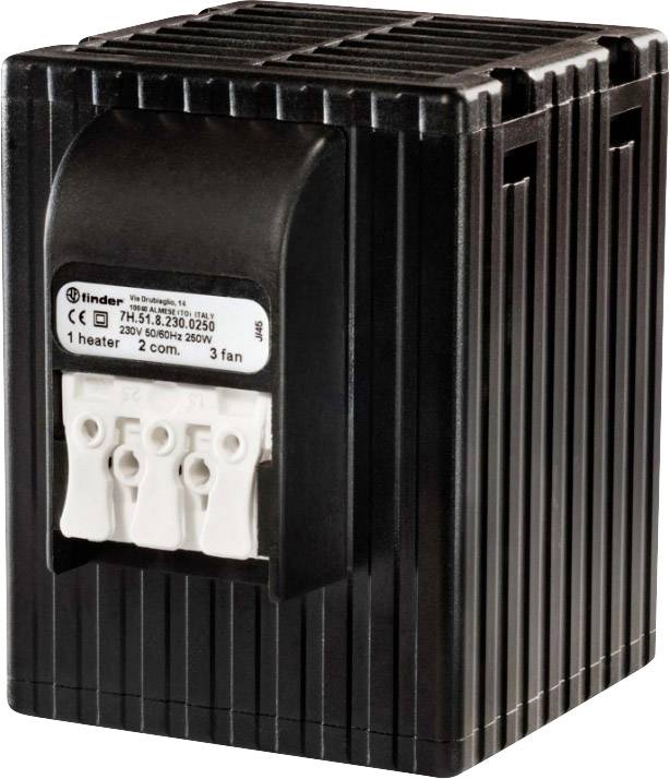 Appareil de chauffage électrique noir avec trois bornes de connexion blanches à l'avant.