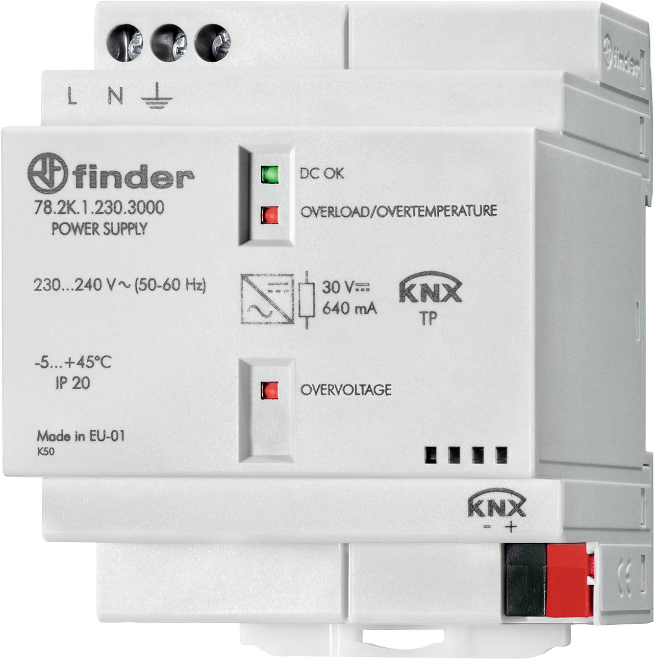 Alimentation blanche KNX en boîtier pour rail DIN avec voyants LED, protection contre les surtensions et spécifications techniques sur le devant.