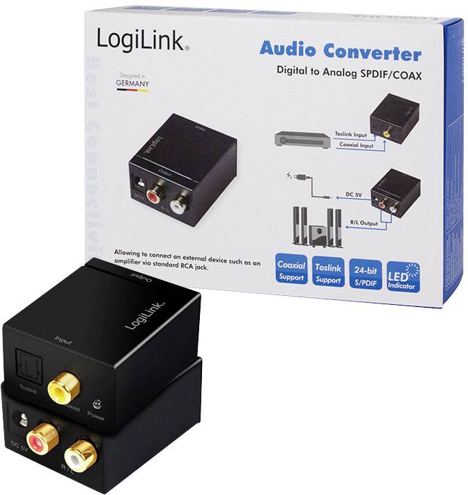 Convertisseur audio LogiLink, Numérique vers Analogique SPDIF/COAX, prenant en charge les entrées coaxiales et Toslink, avec indication LED, conversion 24 bits.