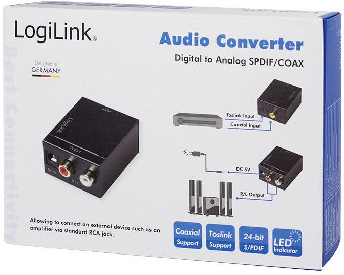 Emballage du 'Convertisseur Audio LogiLink'. Appareil convertissant les signaux numériques (SPDIF/COAX) en signaux analogiques. Prend en charge Toslink, Coaxial et SPDIF 24 bits.