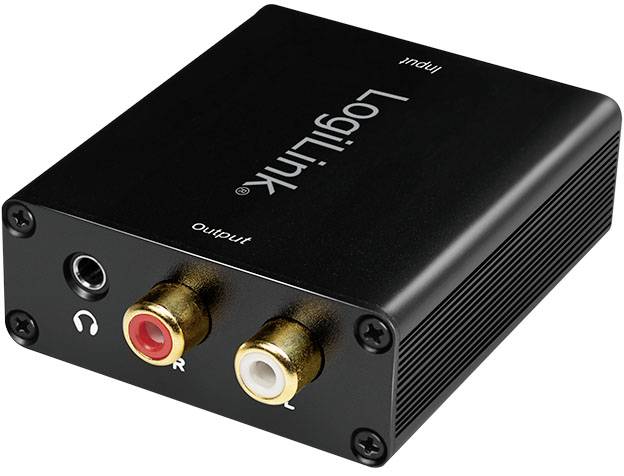 Convertisseur audio noir LogiLink avec connexions RCA et prise casque, étiqueté 'Input' et 'Output'.