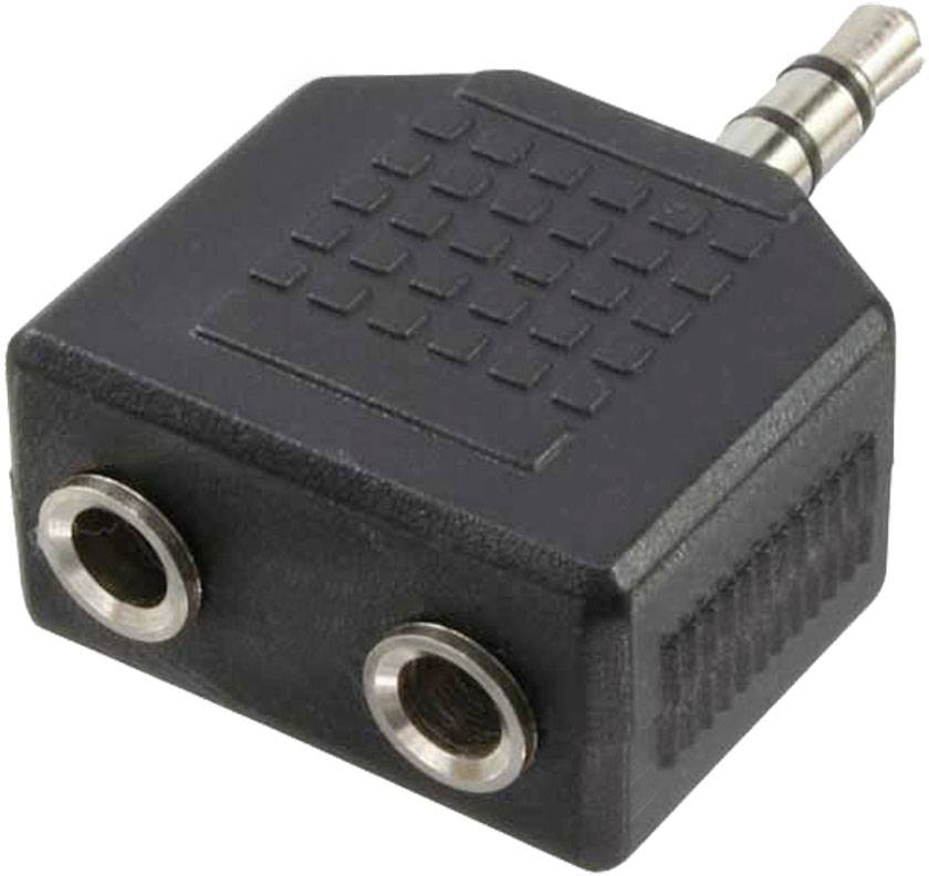 Adaptateur répartiteur audio noir avec deux ports et une fiche. Il permet de connecter deux appareils audio à une source unique.