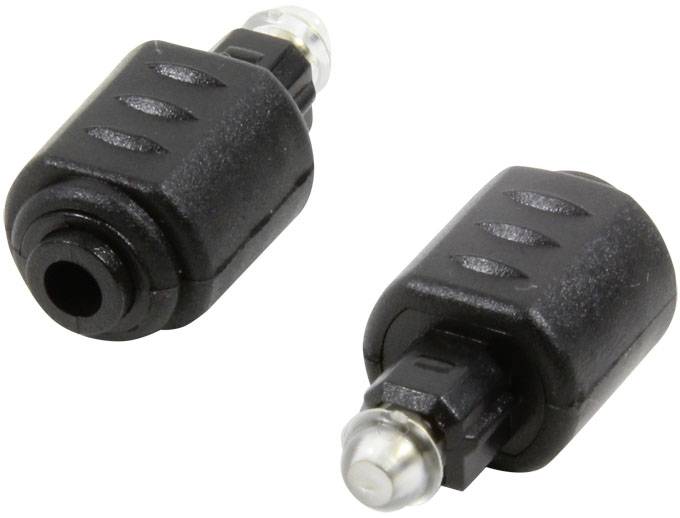 Deux adaptateurs noirs à broches avec des extrémités argentées, prenant en charge les connexions audio optiques.