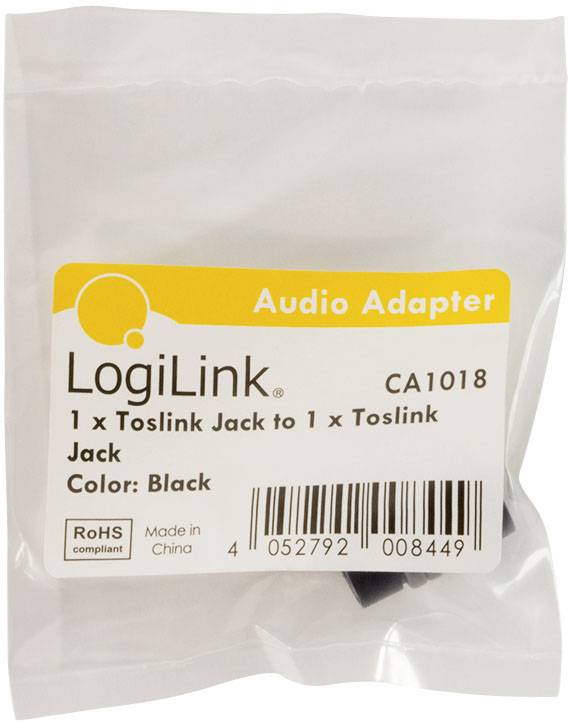 Un emballage d'adaptateur audio LogiLink portant l'inscription '1 x Toslink Jack vers 1 x Toslink Jack', couleur Noir, Fabriqué en Chine.