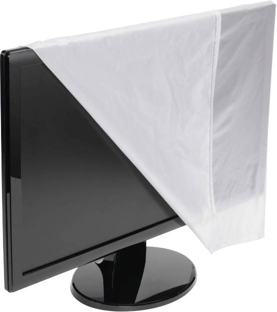 Un moniteur noir avec un chiffon blanc recouvrant partiellement un coin, probablement pour le protéger ou le nettoyer.