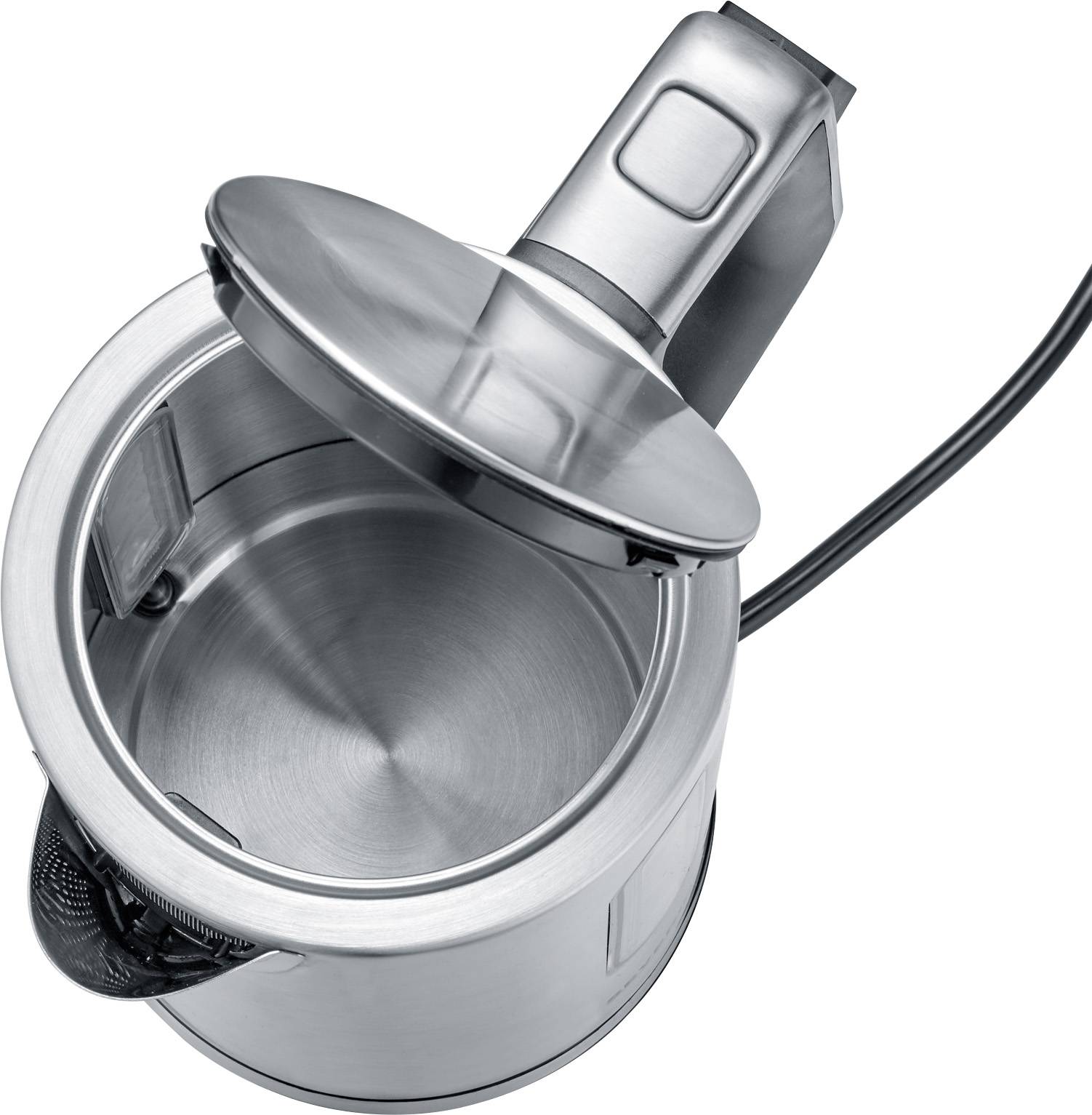 Bouilloire électrique argentée avec couvercle ouvert, vue de dessus. Montre l'intérieur de la bouilloire avec sa surface métallique.