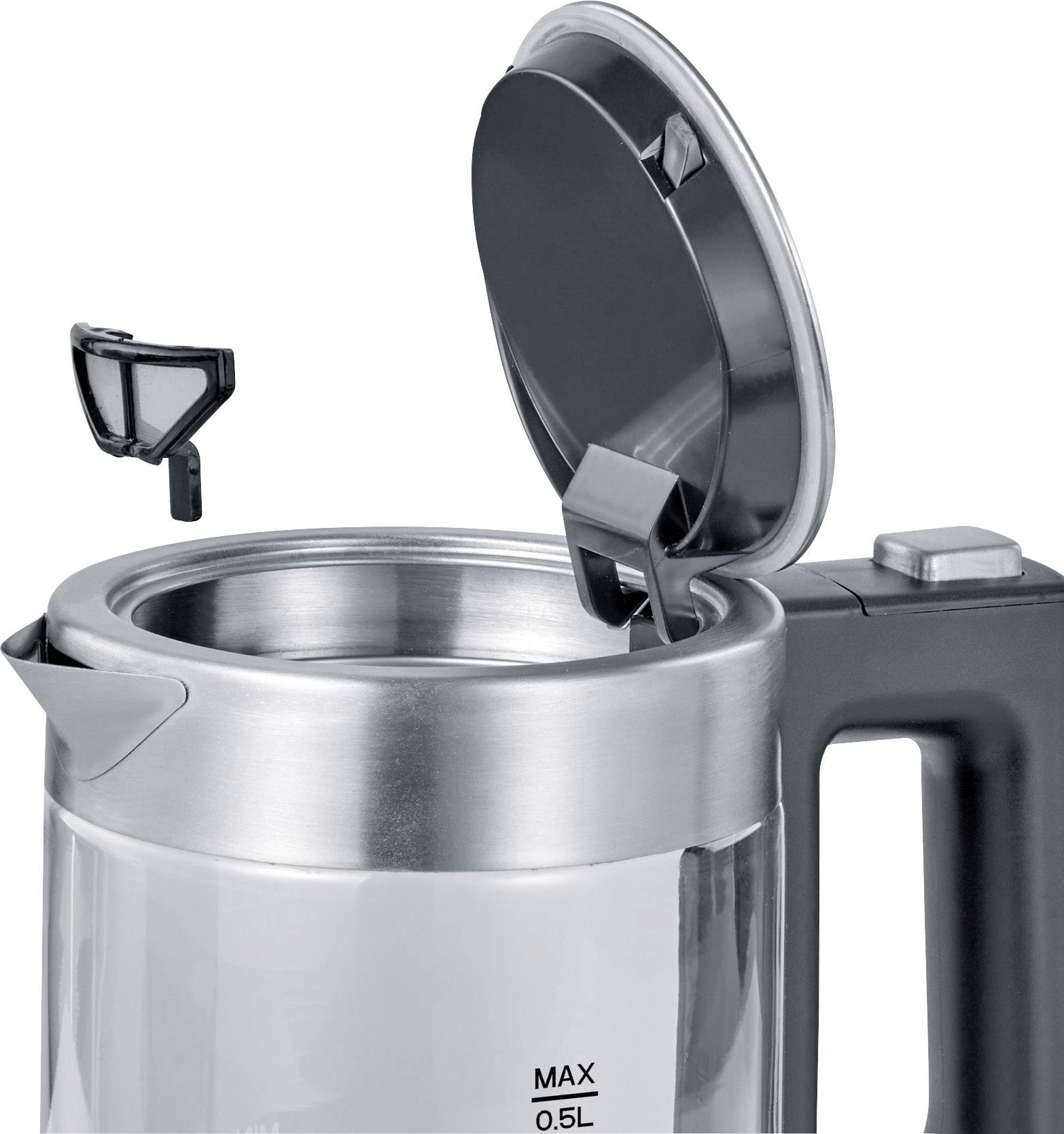 Bouilloire électrique avec couvercle ouvert et filtre à eau visible. Capacité maximale de 0,5 litres indiquée sur l'échelle.