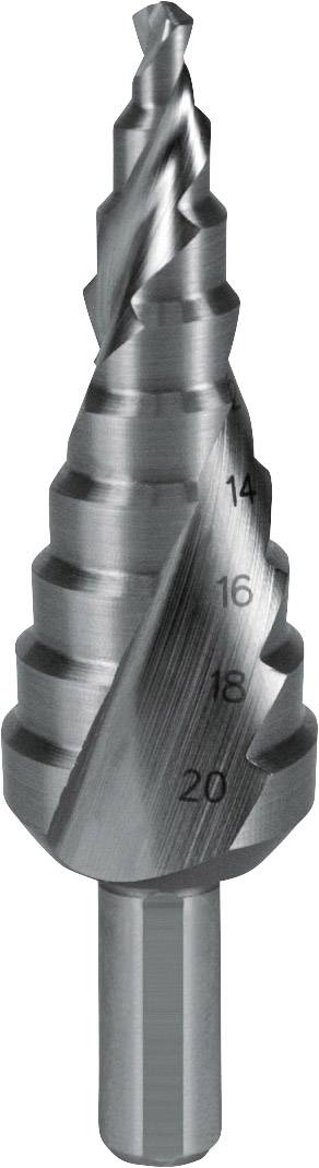 Un foret à étapes conique en métal avec plusieurs diamètres progressifs de 14 à 20 mm, adapté au perçage de différents matériaux.
