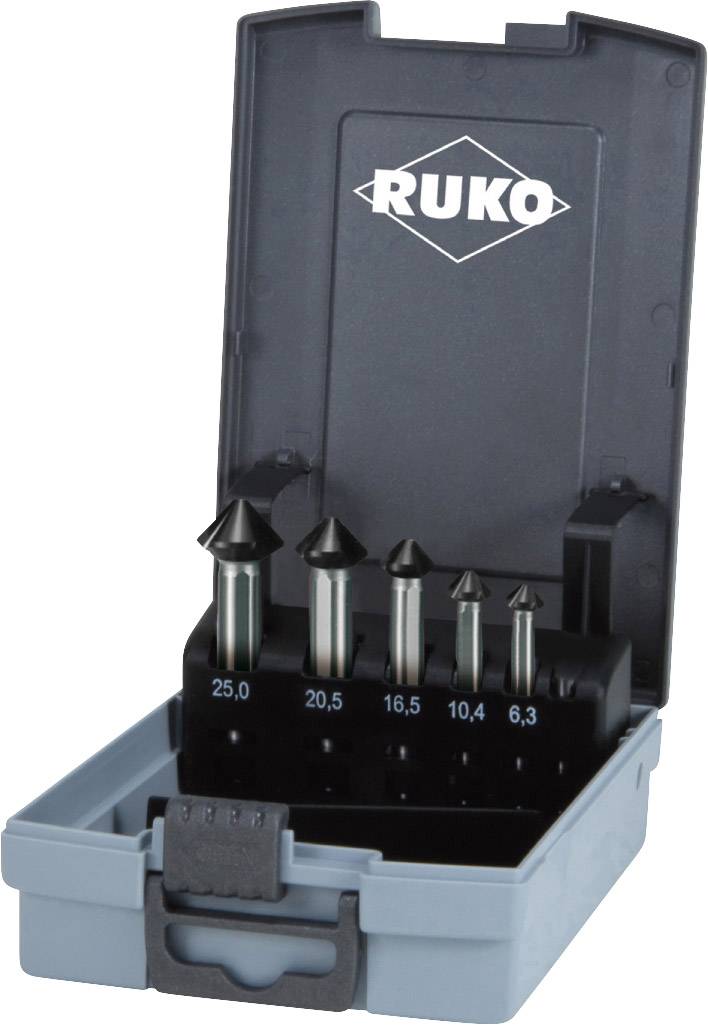 Coffret Ruko comprenant cinq fraises à métaux en plastique gris ouvert, avec des tailles allant de 6,3 à 25 mm.