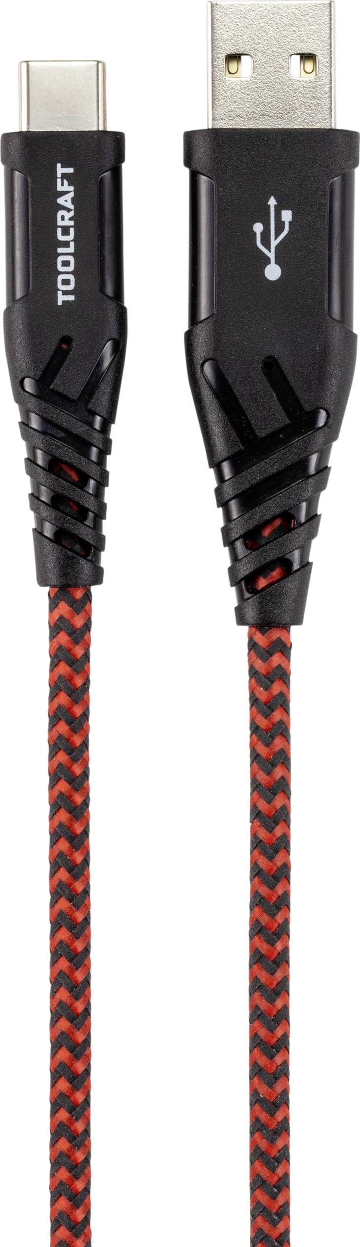 Câble USB avec connecteurs USB-A et USB-C, tressé noir et rouge. Nom de marque 