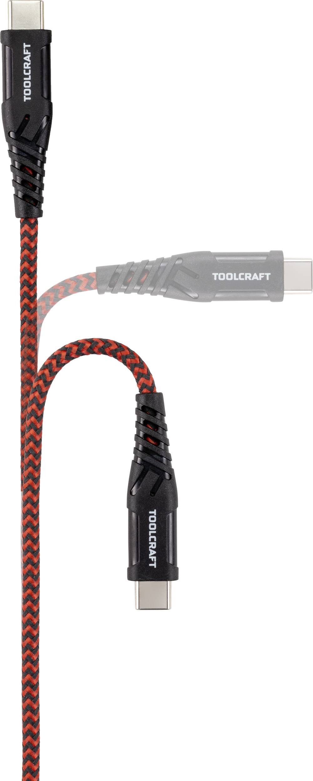 Câble USB-C de Toolcraft, tressé noir et rouge. Montre le câble et la fiche, design robuste pour des connexions polyvalentes.