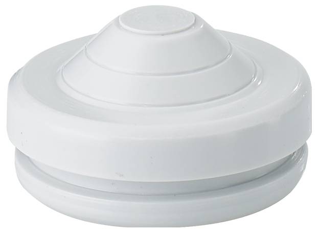 Couvercle ou bouton en plastique blanc et rond, avec des anneaux graduels, sur un fond neutre.