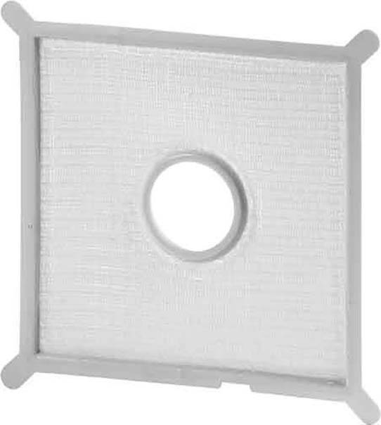 Un filtre carré avec une ouverture centrale ronde et un cadre. Le filtre présente une structure maillée.