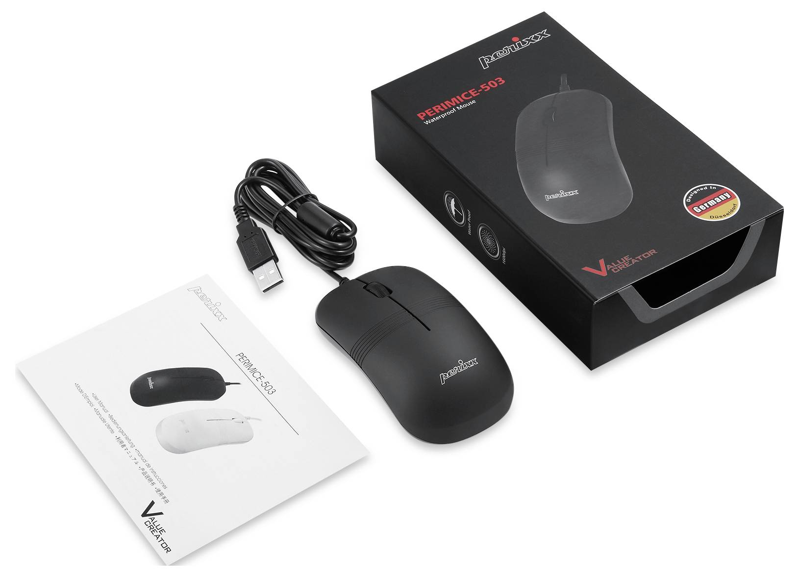 Perixx PERIMICE-503 B Souris filaire optique noir 1600 dpi étanche (IPX7)