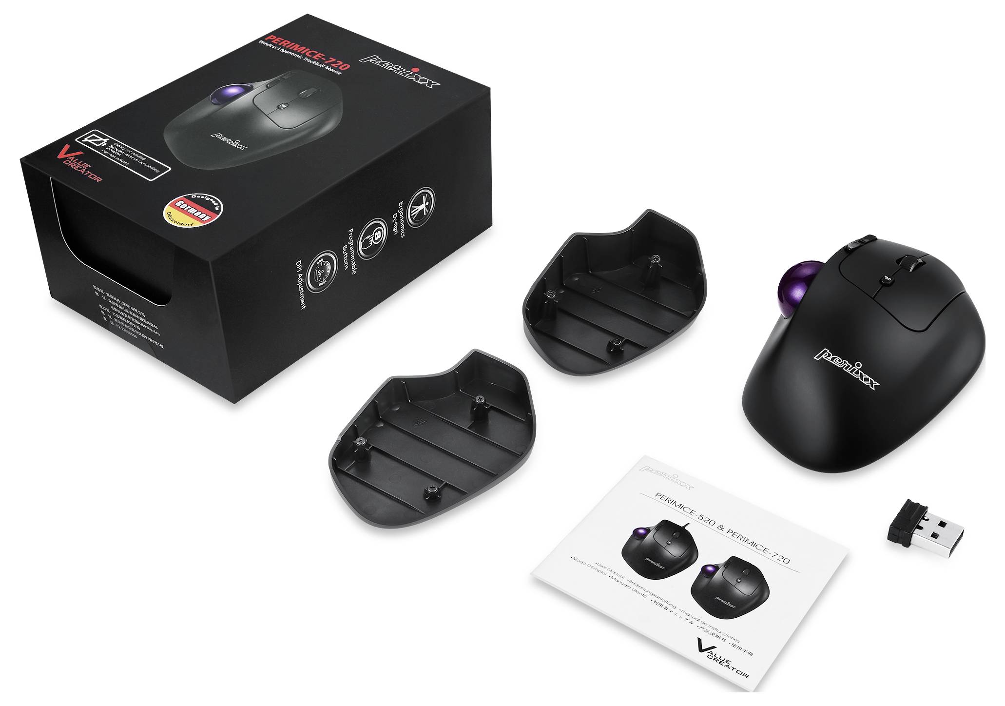 Perixx PERIMICE-720 Souris radio, Bluetooth noir 600 dpi, 1600 dpi avec trackball