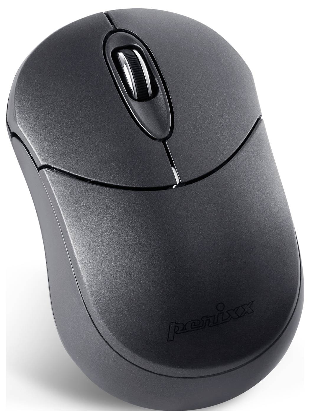 Souris d'ordinateur sans fil noire avec molette de défilement et design ergonomique. Adaptée pour une utilisation sur bureau.