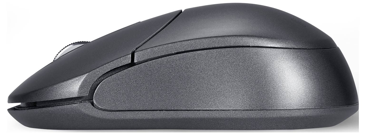 Une souris d'ordinateur sans fil vue de côté, à la forme ergonomique, dans un ton sombre. Elle dispose d'une molette de défilement et de deux boutons.