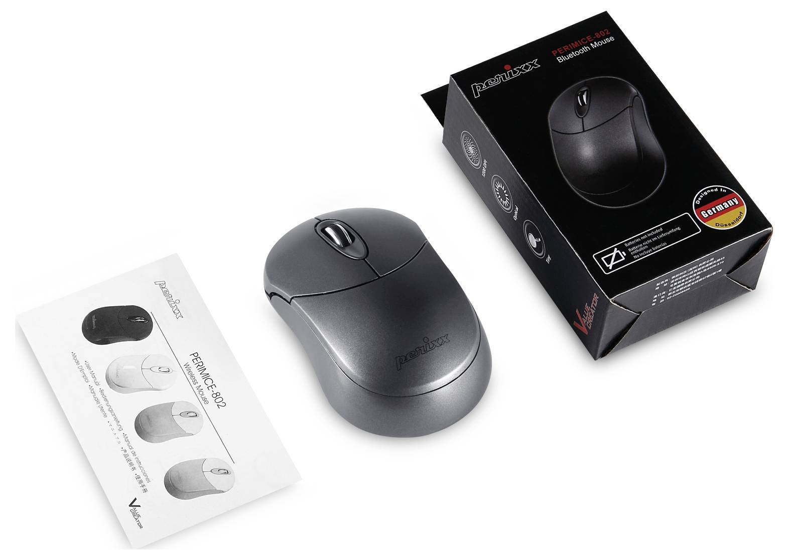 Souris sans fil 'Perimice 802', coloris anthracite, avec mode d'emploi et emballage illustrés.