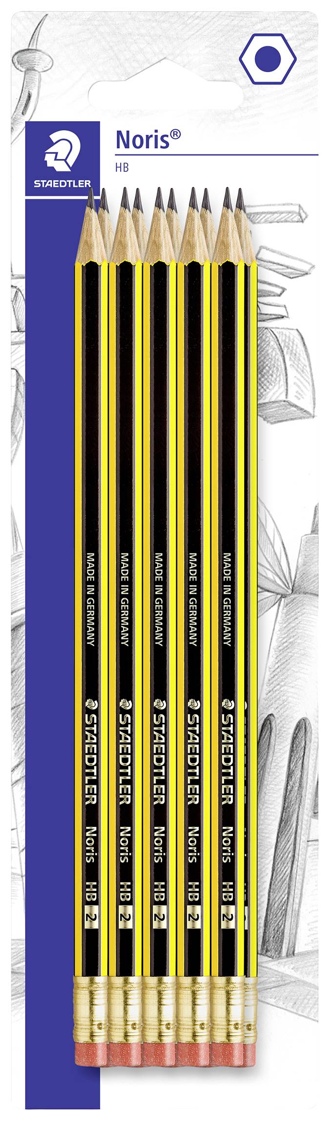 Six crayons HB Noris jaune et noir de Staedtler avec gommes, disposés sur un emballage avec des dessins au crayon en arrière-plan.