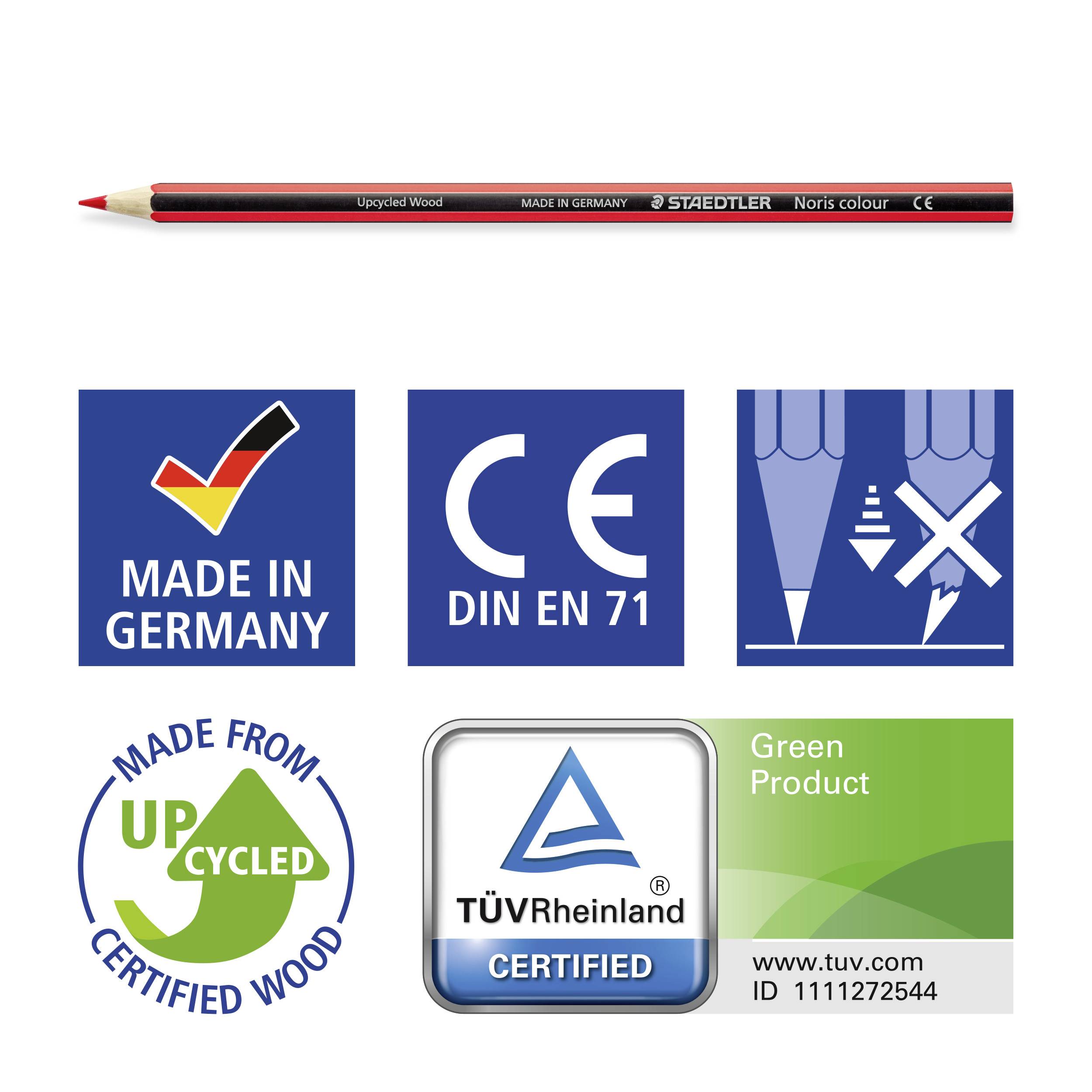 'Staedtler Crayon' avec les marquages : 'Fabriqué en Allemagne', 'DIN EN 71', 'Fabriqué à partir de Bois Recyclé', 'Certifié TÜV Rheinland', 'Produit Écologique'.