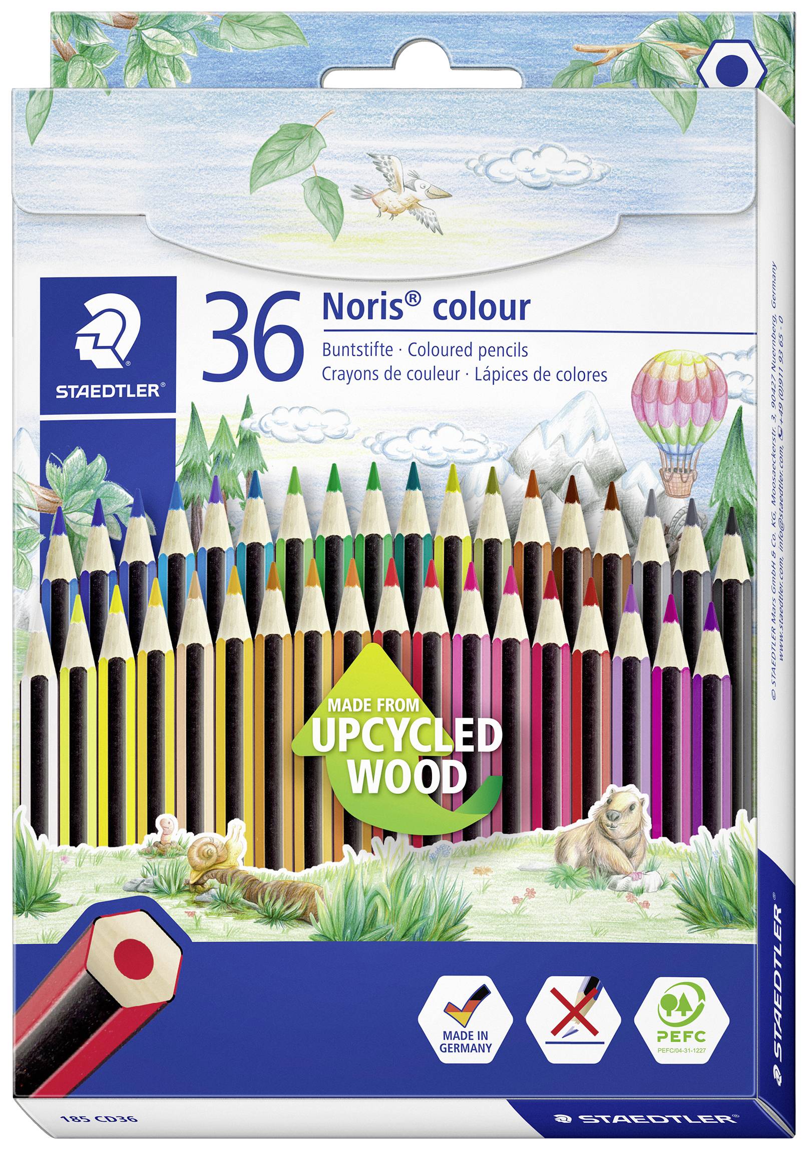 Boîte de 36 crayons de couleur Noris® en bois recyclé. Illustration colorée avec des animaux et un ballon à air chaud en arrière-plan.