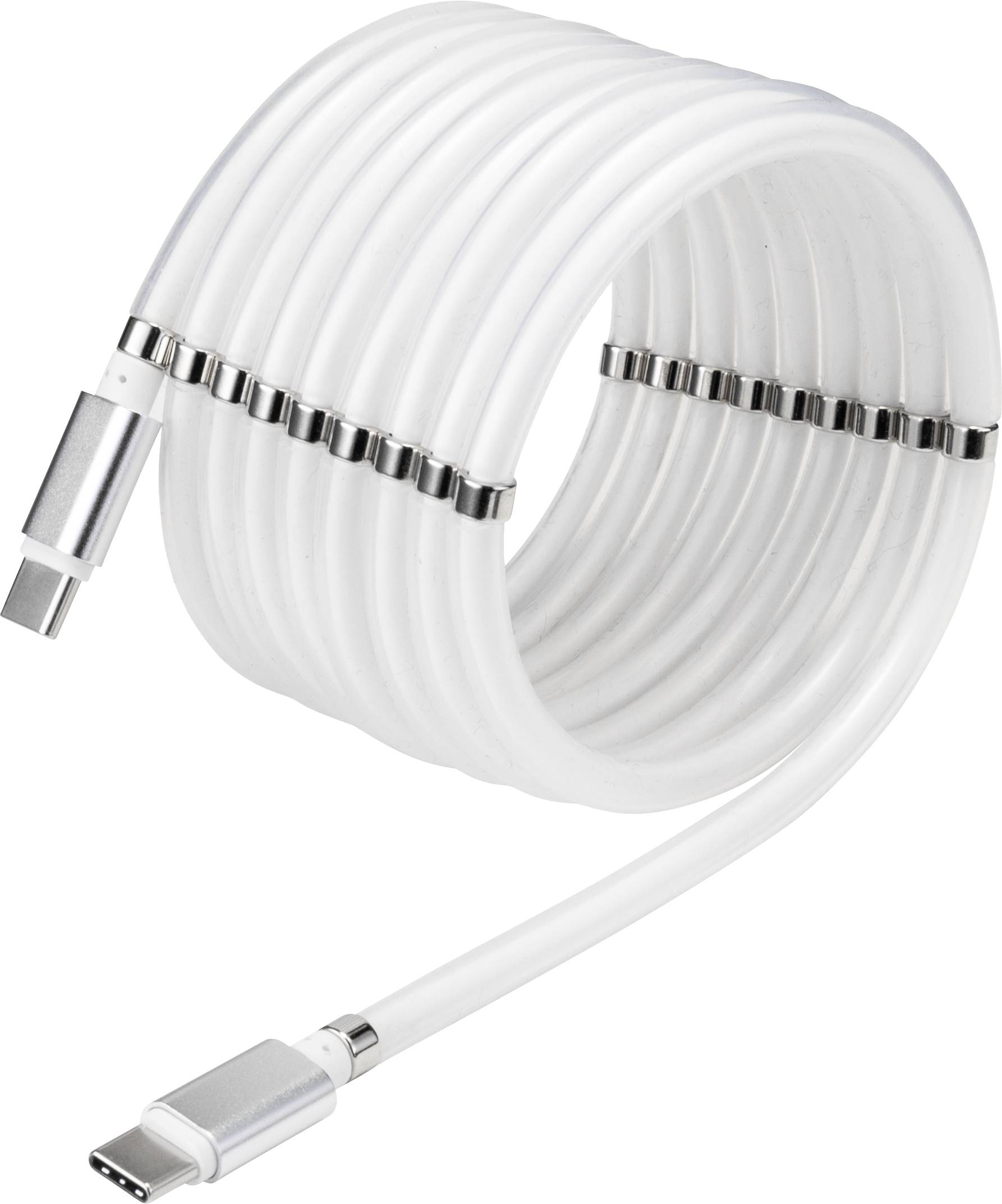 Un câble USB-C blanc et spiralé, équipé de clips métalliques pour le rangement des câbles, conçu pour un chargement rapide et un transfert de données efficace.