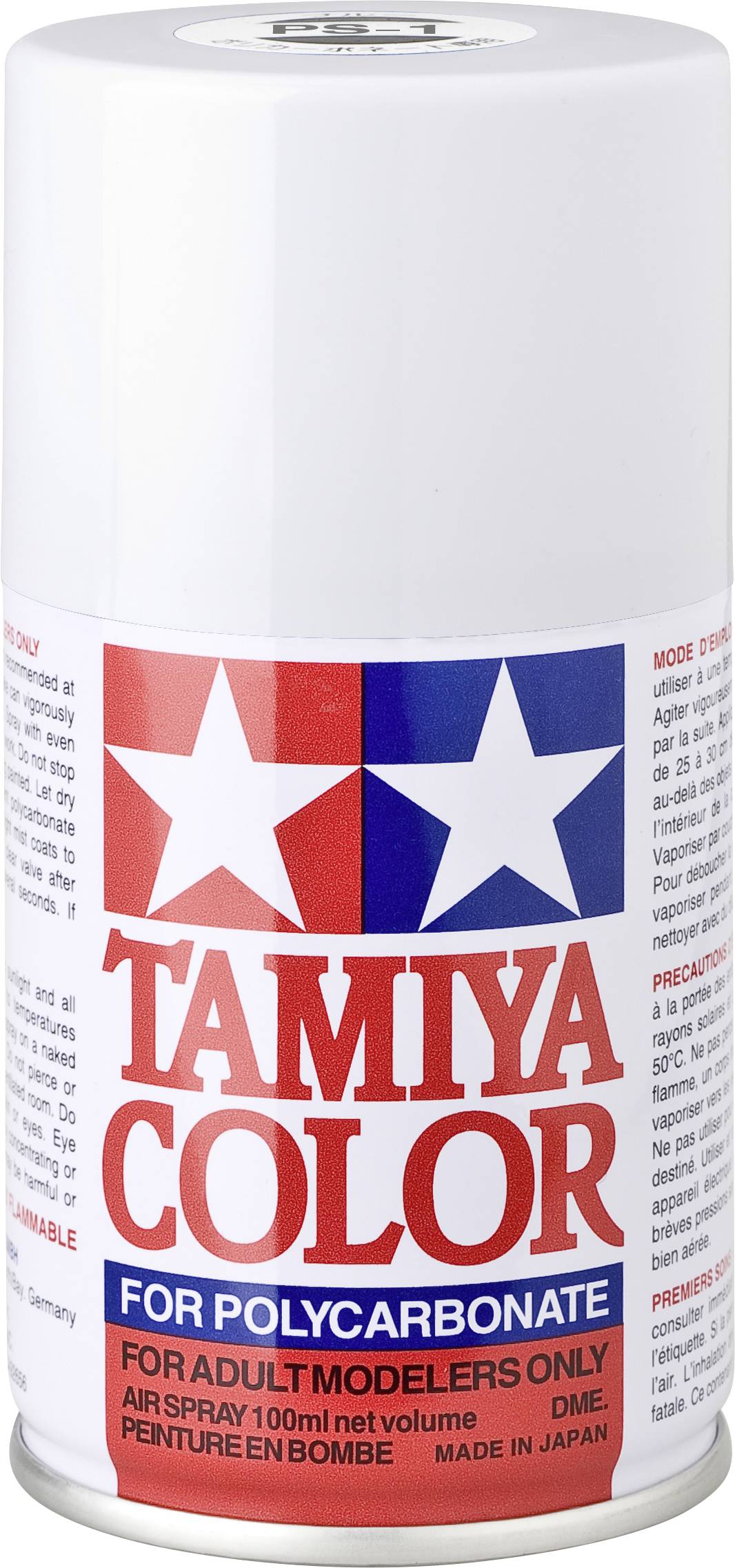 Bombe aérosol portant l'inscription 'Tamiya Color pour Polycarbonate', adaptée pour la modélisation. Boîte blanche avec étiquette rouge et bleue.