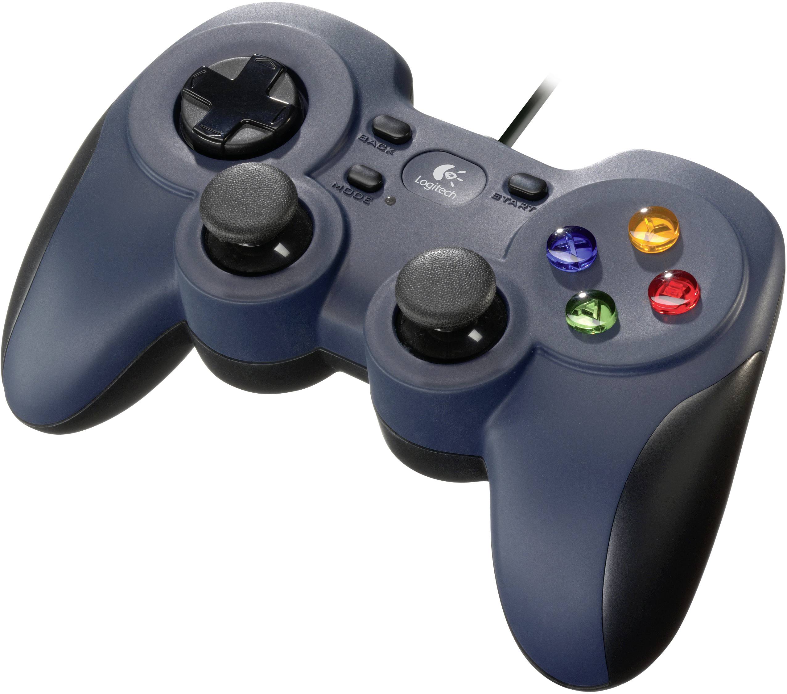 Une manette de jeu avec deux joysticks, quatre boutons colorés, une croix directionnelle et des touches d'épaule.