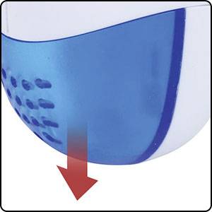 Une couverture en plastique bleu semi-transparent avec une flèche rouge pointant vers le bas.