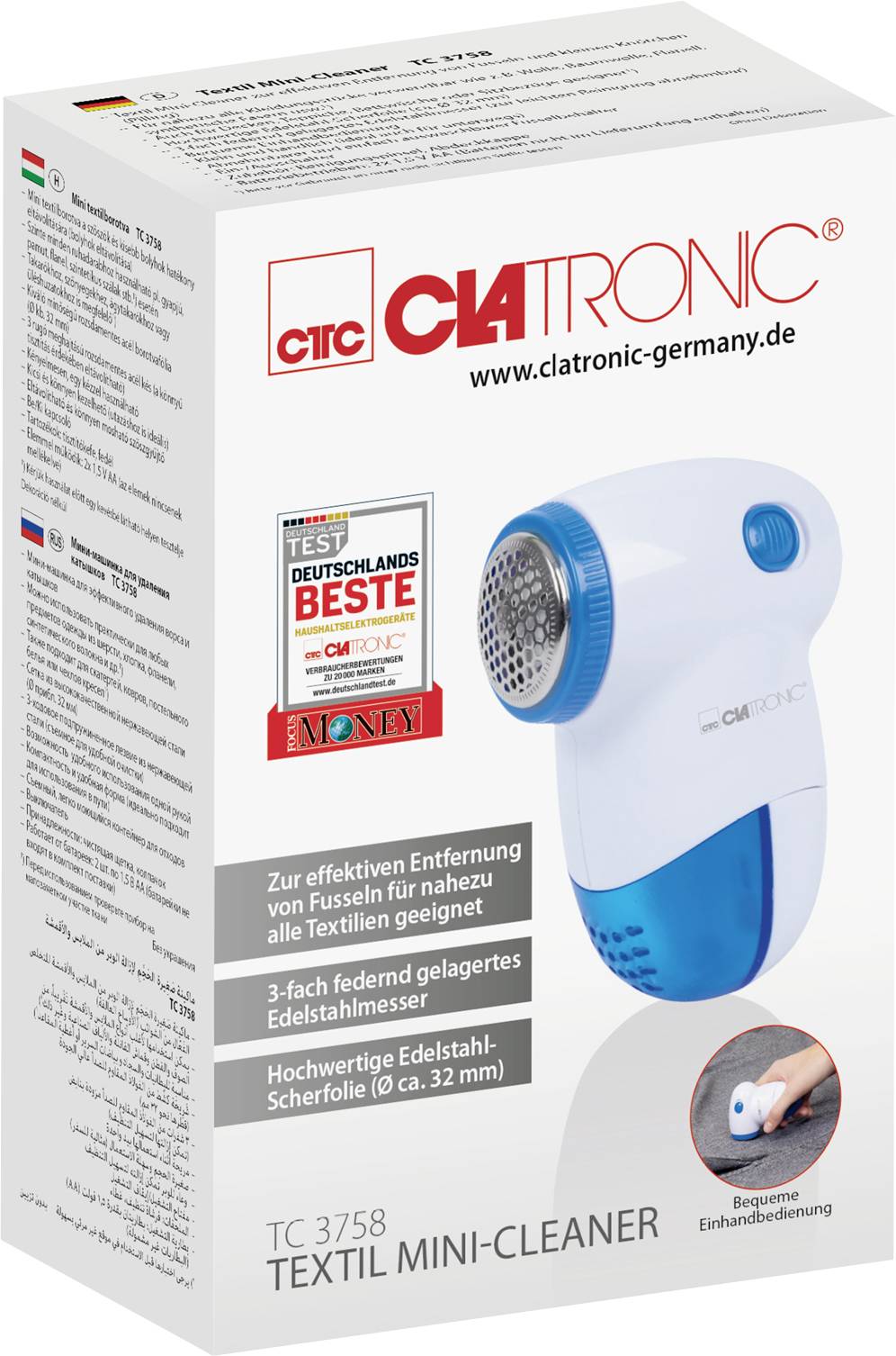 Un emballage blanc avec l'illustration d'un mini-nettoyeur textile bleu et blanc de la marque Clatronic, adapté aux textiles.
