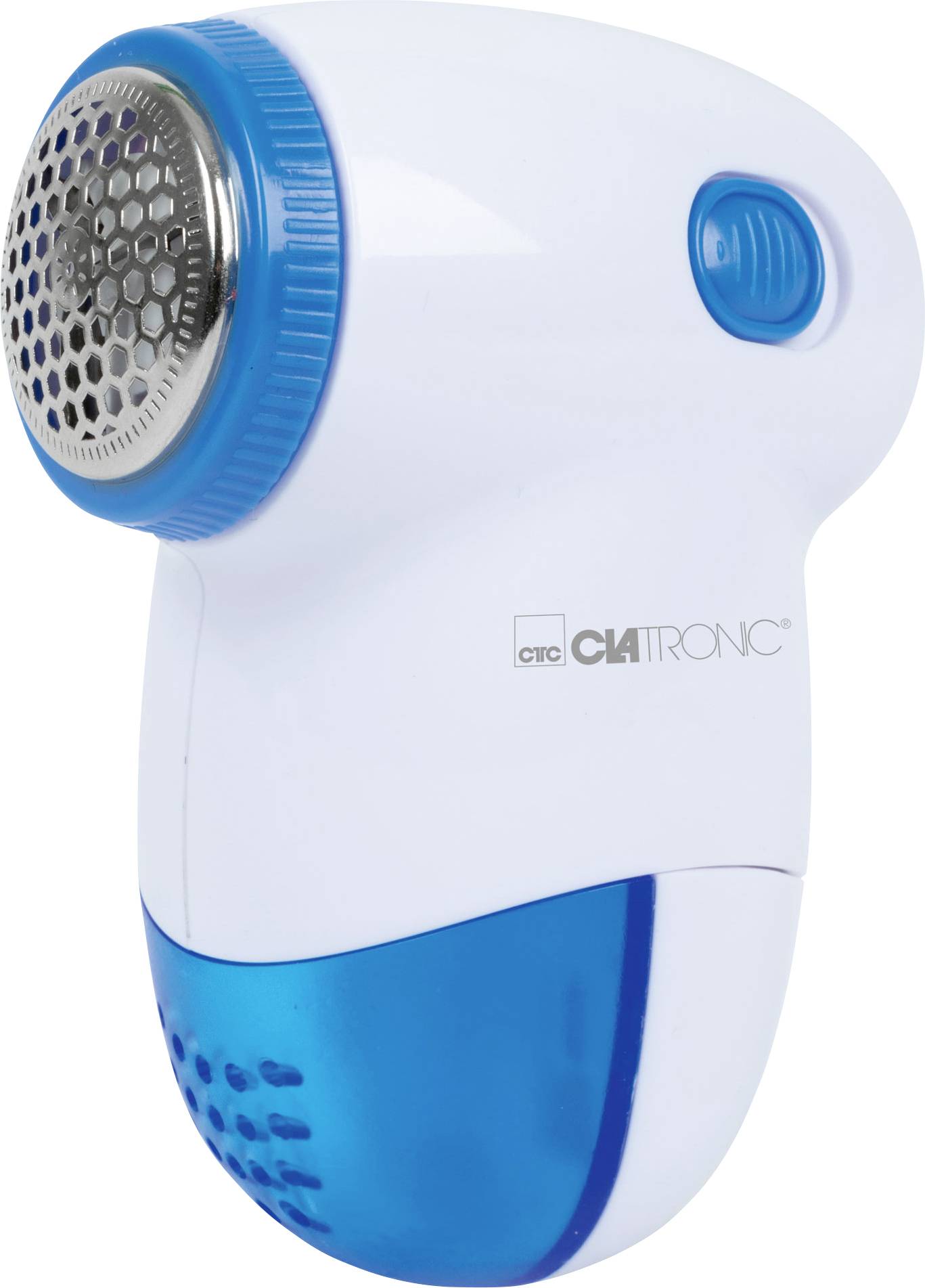 Un rasoir anti-peluches blanc et bleu pour textiles, avec une grille métallique ronde à l'avant et un réceptacle bleu en bas.