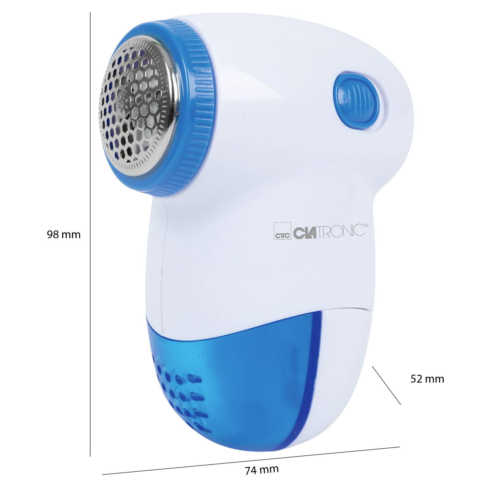 Rasoir électrique anti-peluches en blanc et bleu. Dimensions : 98 mm de hauteur, 74 mm de largeur, 52 mm de profondeur. Couvercle de lames en haut, bouton bleu sur le côté.