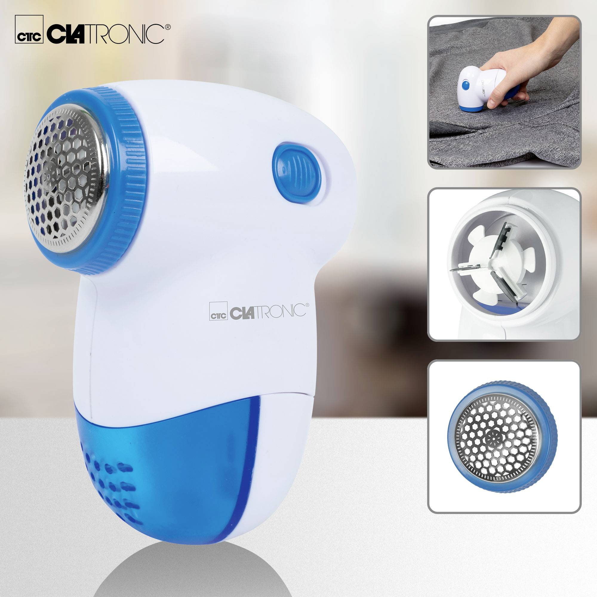 Rasoir anti-peluches blanc et bleu de Clatronic pour éliminer les peluches sur les vêtements. Vue détaillée de la lame de coupe et de la manipulation.