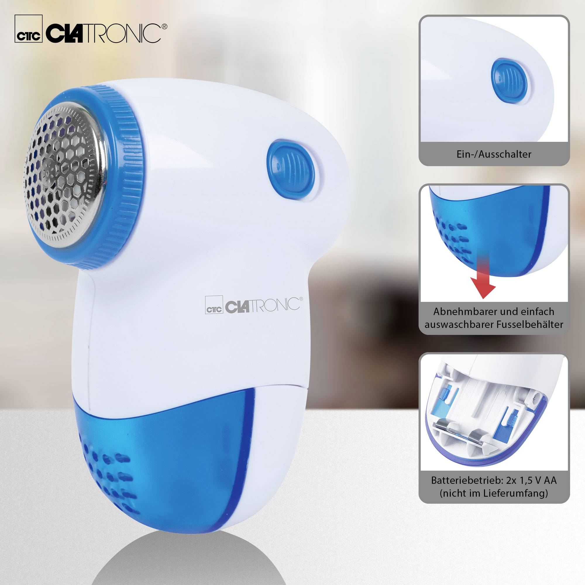 Un rasoir électrique anti-peluches de Clatronic avec tête de coupe amovible, interrupteur marche/arrêt et fonctionnement sur piles (2x 1,5V AA).