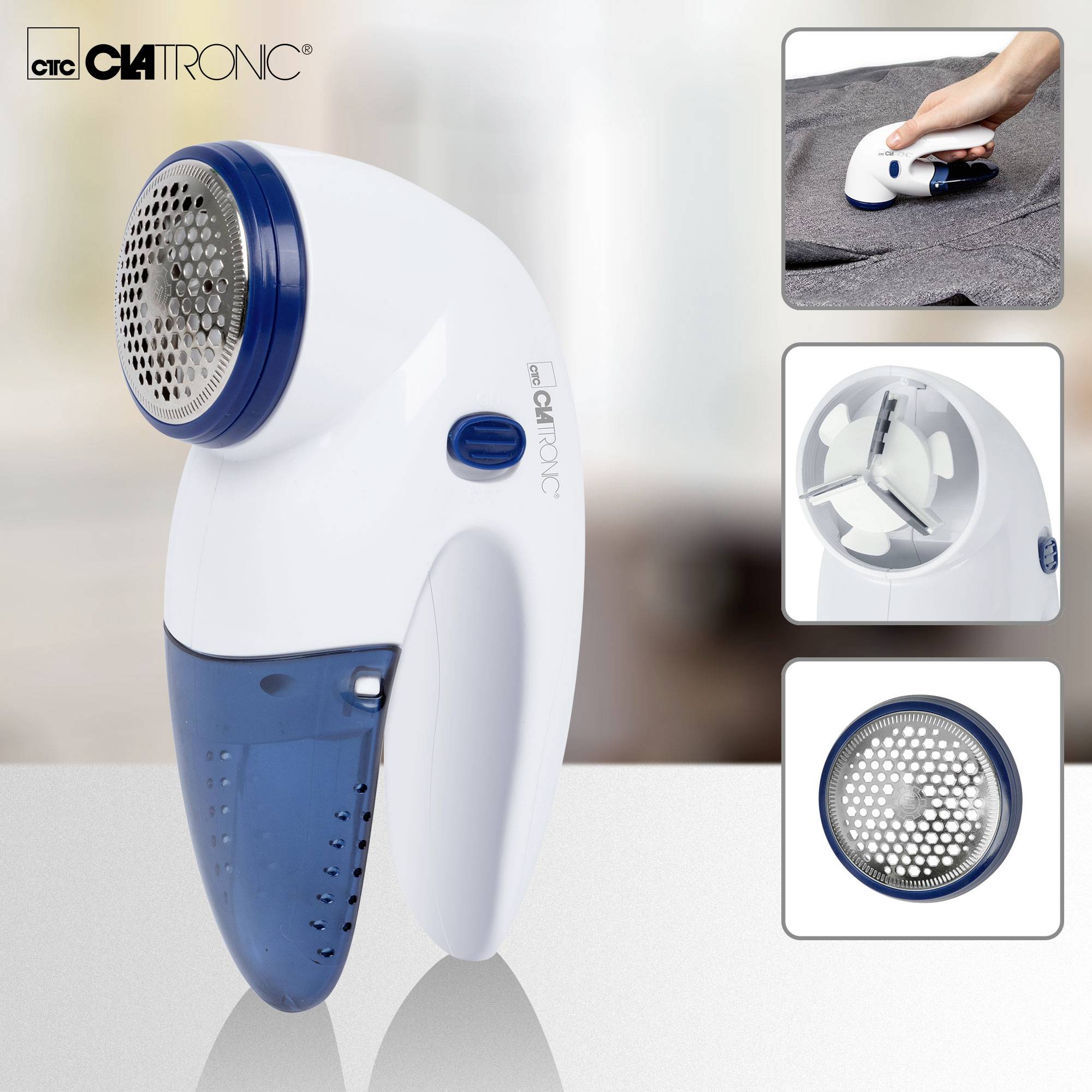 Rasoir anti-peluches électrique pratique avec un boîtier bleu et blanc. Adapté pour nettoyer les vêtements, comprenant des lames de rechange.