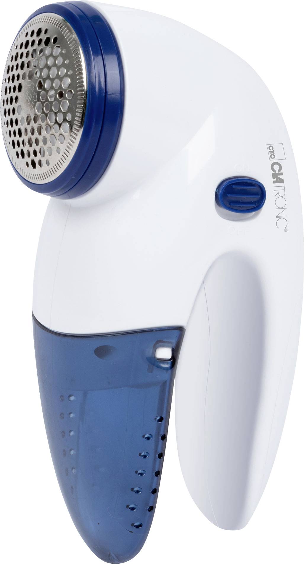 Rasoir électrique portable anti-peluches avec boîtier bleu et blanc. Adapté pour éliminer les peluches et les bouloches des vêtements.