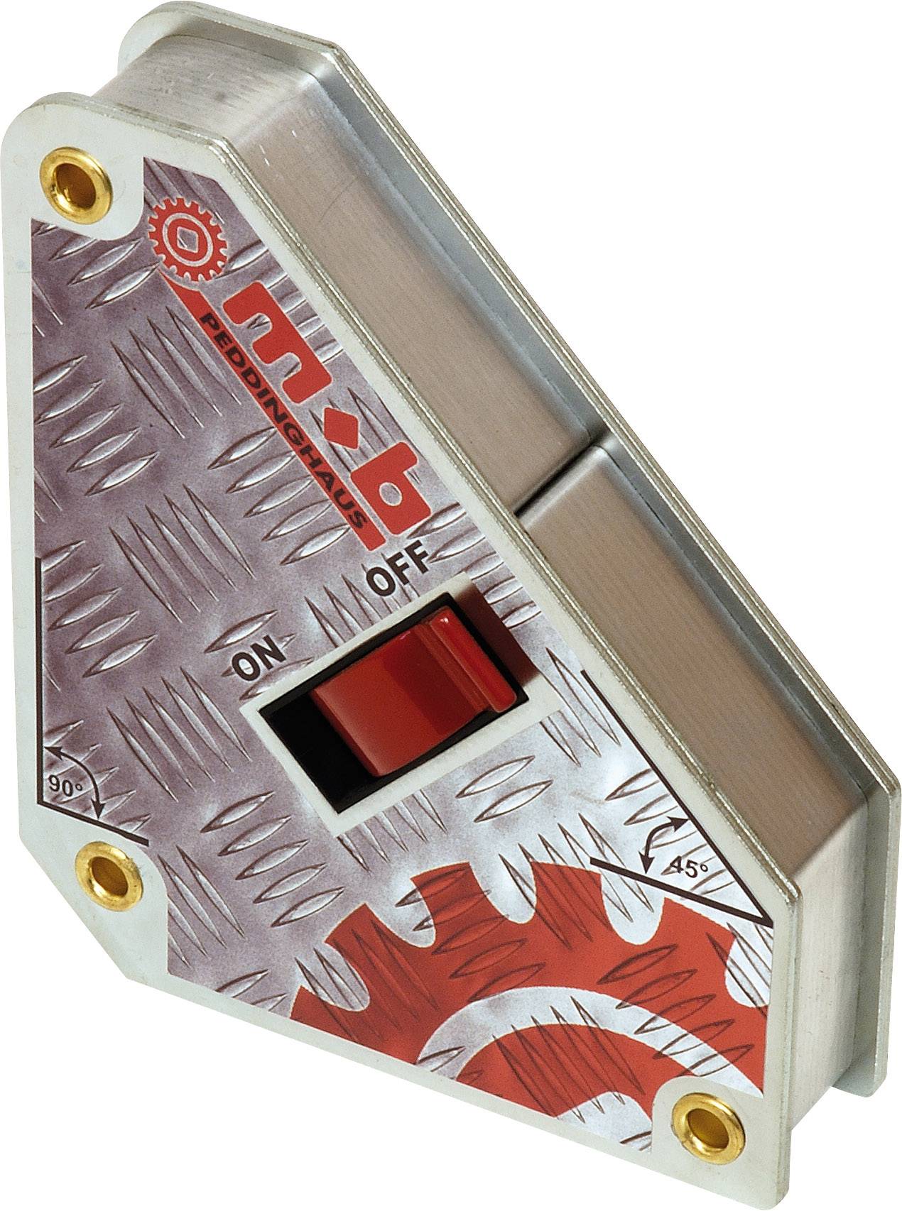 Un outil de soudage magnétique à angle triangulaire, rouge et argenté, présente un interrupteur marche/arrêt pour des angles de 90° et 45°.