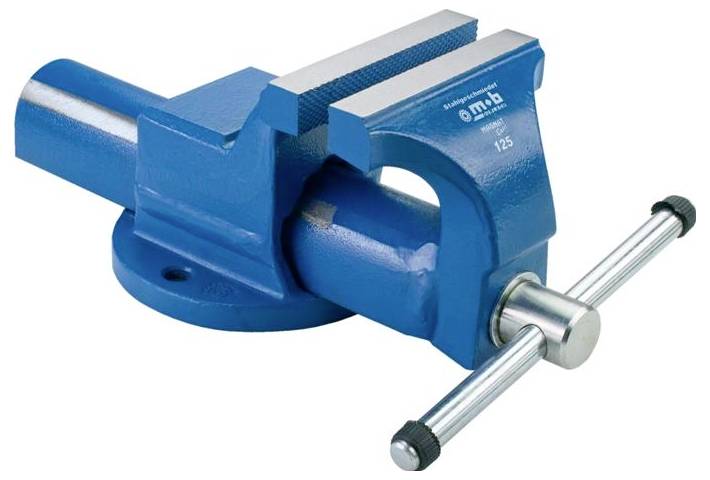 Étau de pince à métaux bleu avec une poignée filetée et des mâchoires ouvertes, présenté sur un fond blanc.