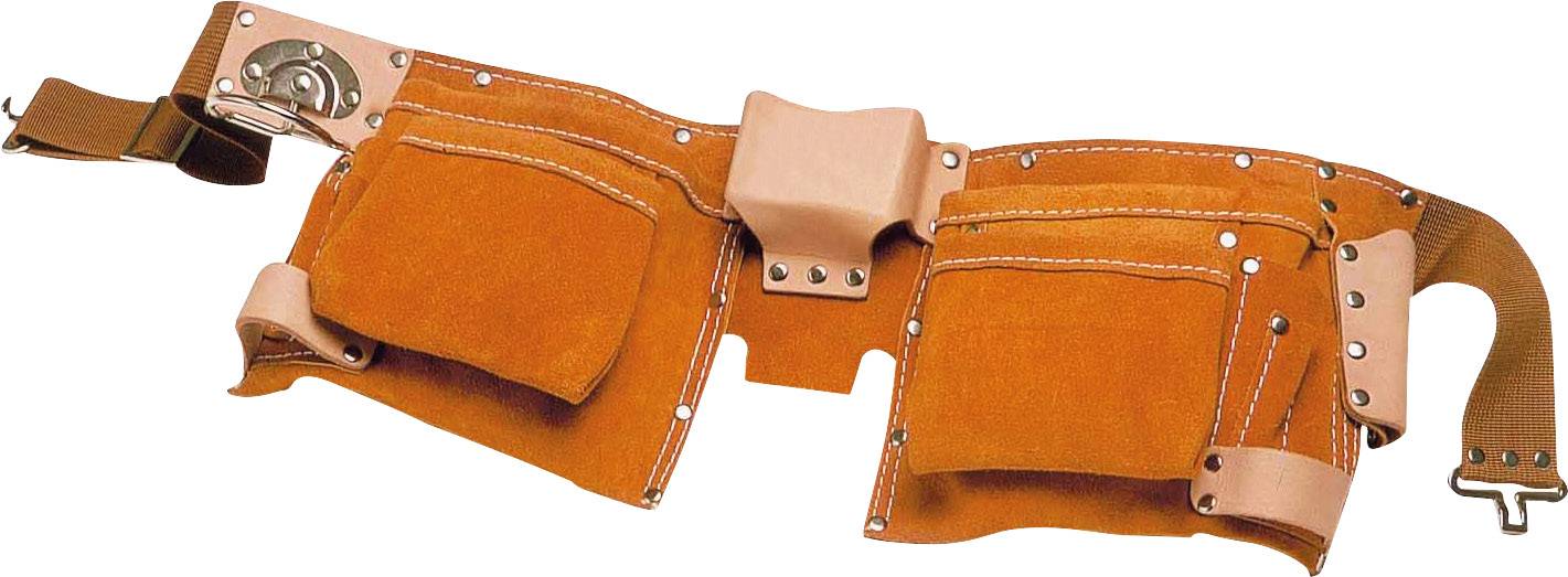 Une ceinture à outils marron avec plusieurs poches et passants pour outils et accessoires, fabriquée dans un matériau robuste.