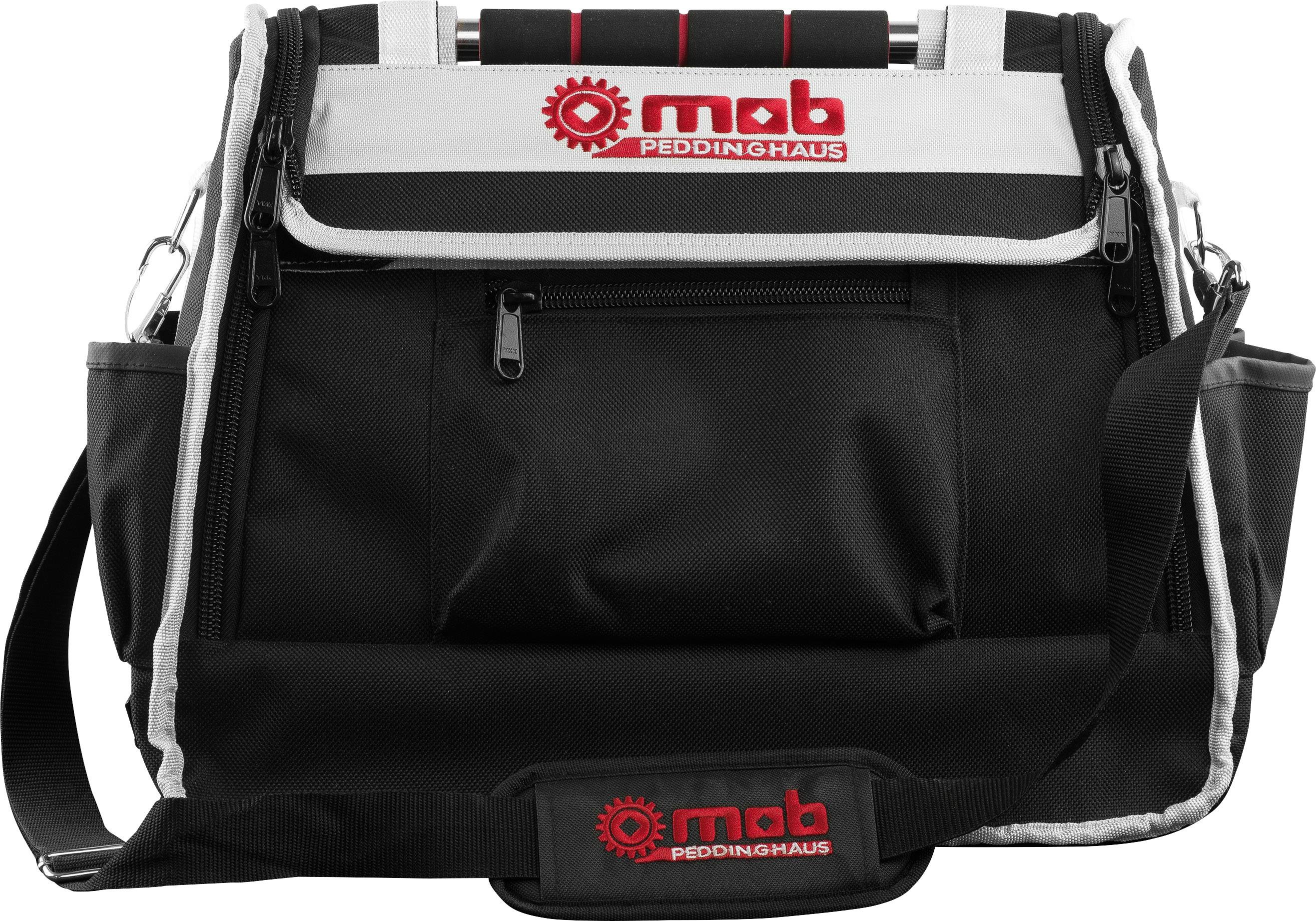 Sac à outils noir de 'mab Peddinghaus' avec bandoulière et plusieurs poches, incluant une grande poche frontale.
