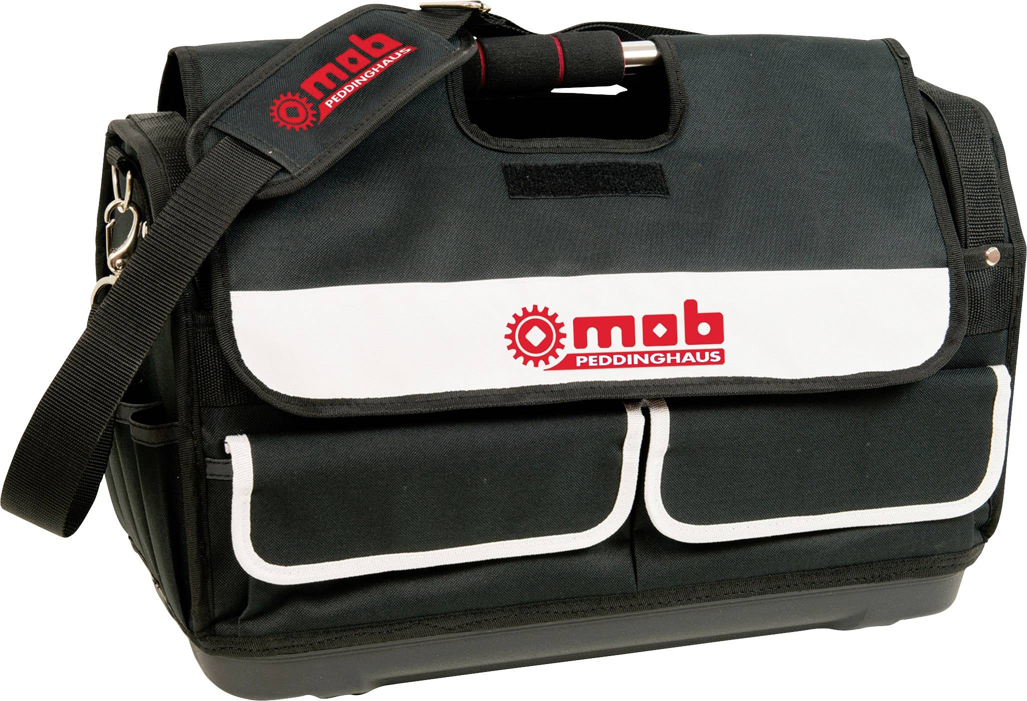 'Sac à outils noir avec des touches blanches, logo de marque 