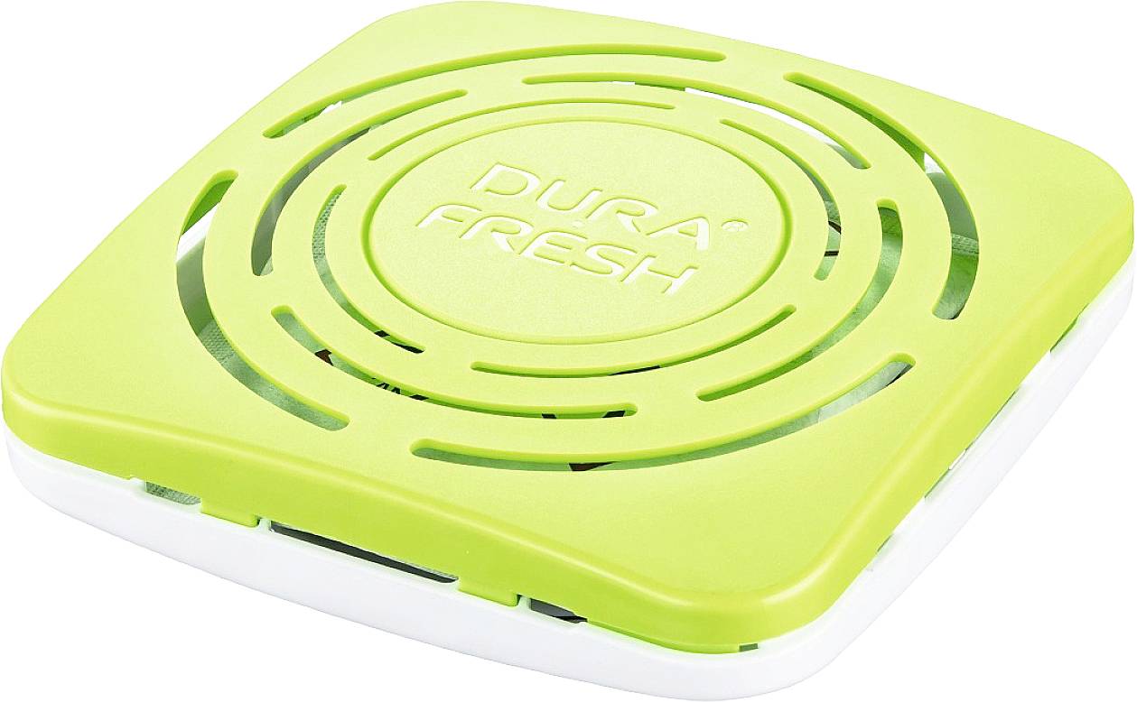 Emballage carrée de couleur verte pour désodorisant avec l'inscription 'Dura Fresh'.