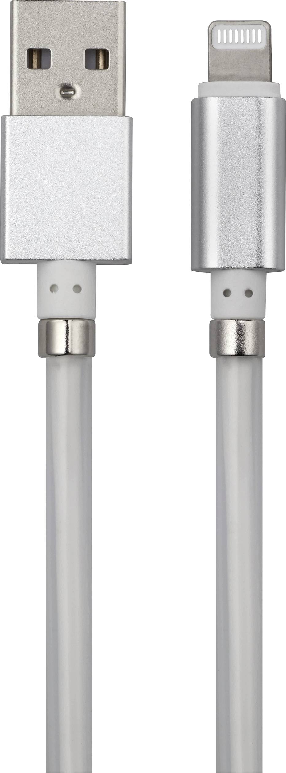 Câble USB vers Lightning avec connecteurs argentés, adapté pour connecter des appareils tels que smartphones et ordinateurs pour le chargement et le transfert de données.