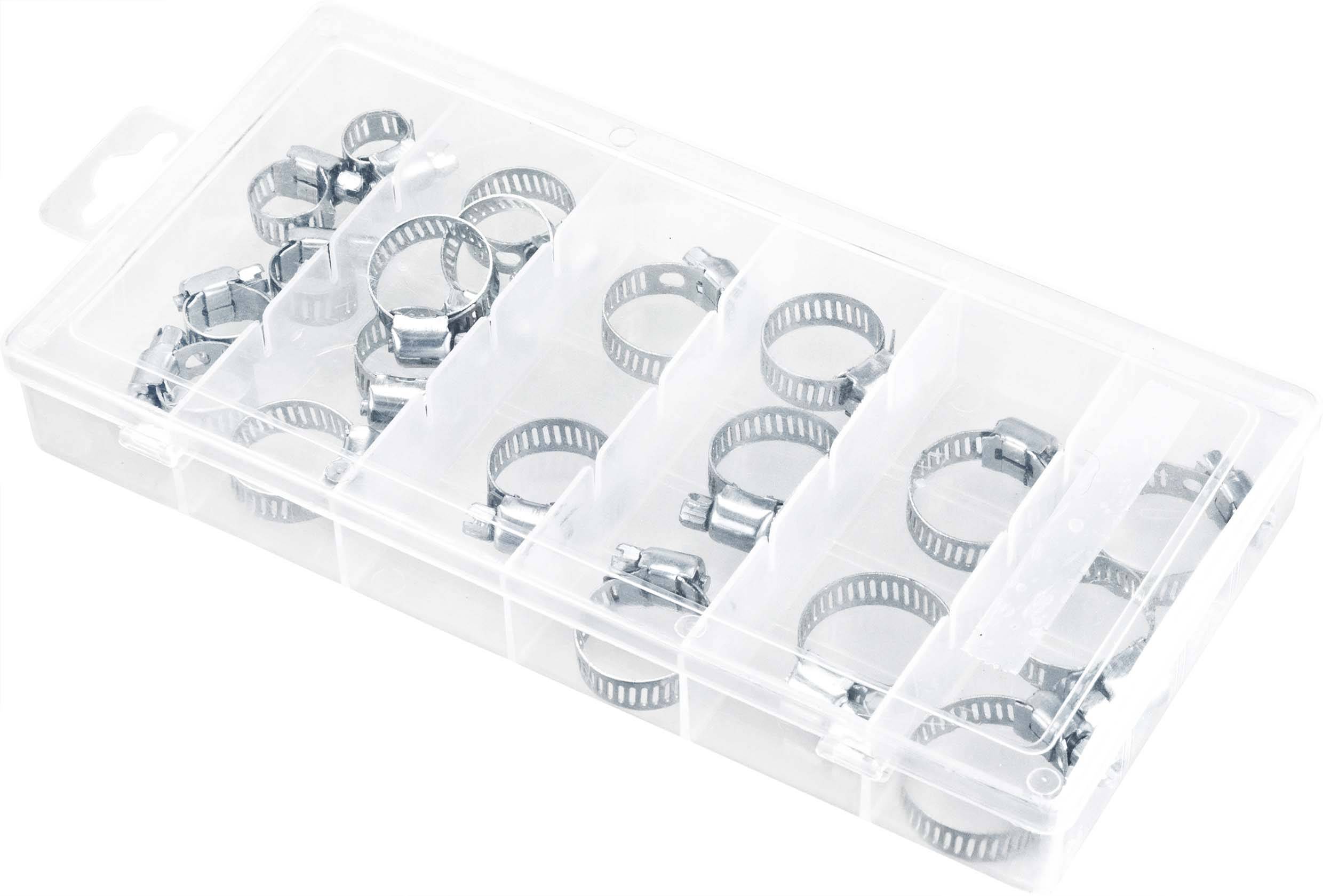 Boîte de rangement transparente à plusieurs compartiments, remplie de colliers de serrage métalliques de différentes tailles.