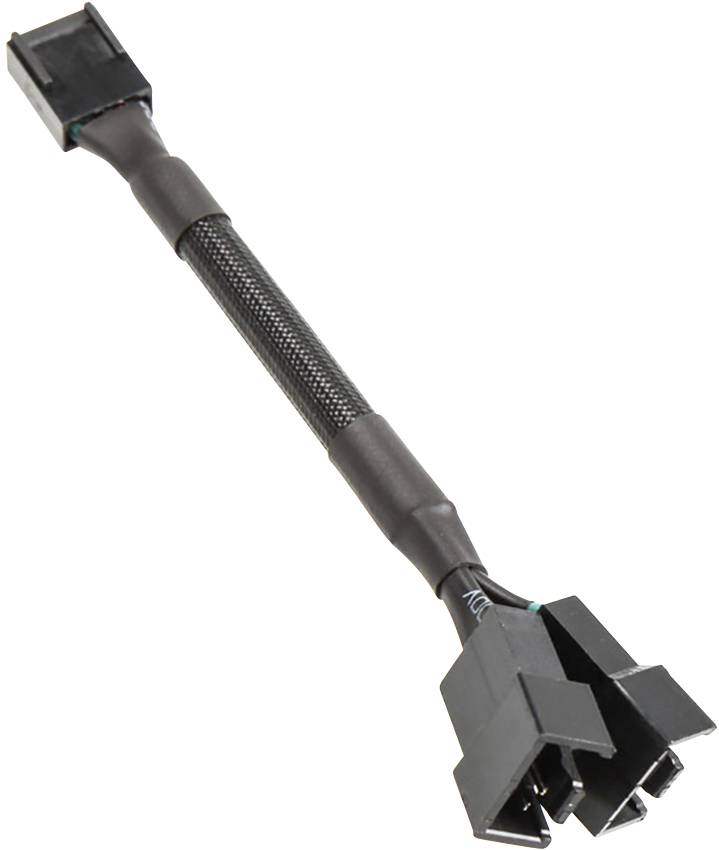 Un câble en Y avec des connecteurs noirs, utilisé pour connecter des ventilateurs d'ordinateur. Il dispose de deux ports femelles et un port mâle.