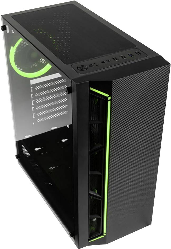 Boîtier de PC gaming avec fenêtre latérale transparente, ventilateurs éclairés en vert et plusieurs options de refroidissement, offrant de l'espace pour les extensions.