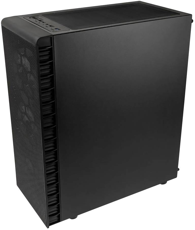 Un boîtier d'ordinateur noir avec des fentes de ventilation à l'avant et des ports sur le dessus.