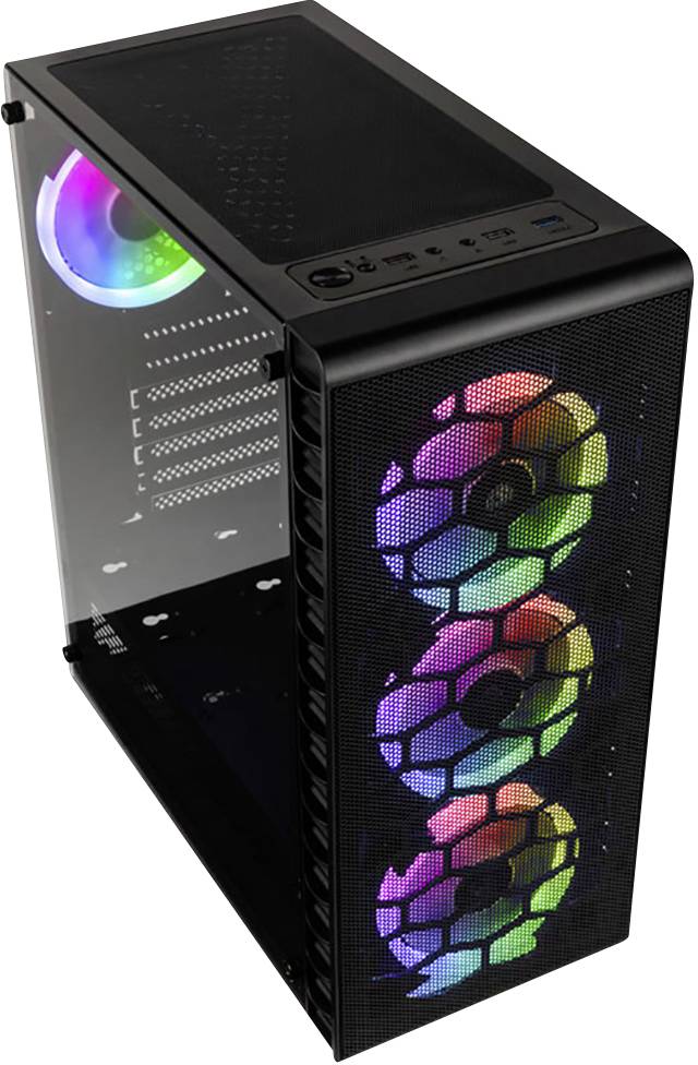 Un boîtier PC noir avec paroi en verre et éclairage RVB affichant plusieurs ventilateurs colorés. Idéal pour les systèmes de gaming.