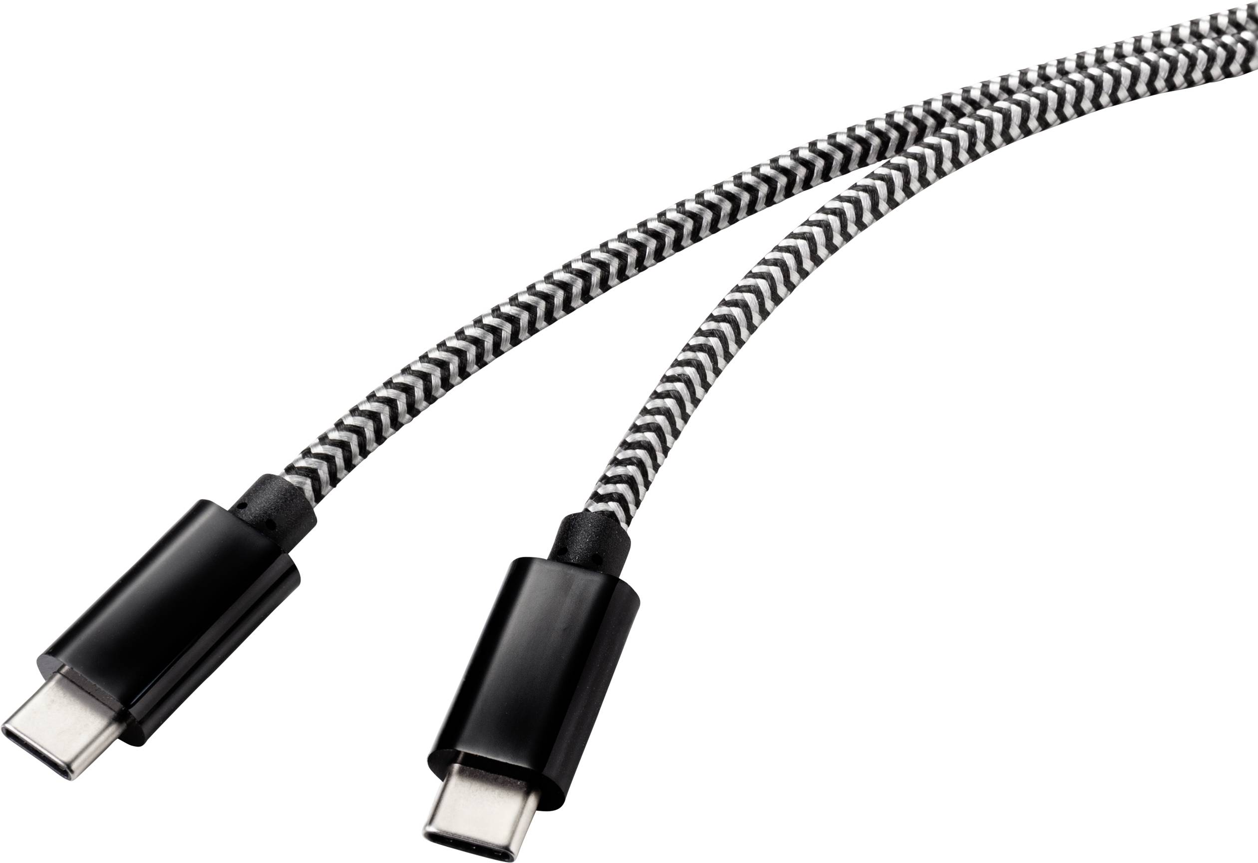 Deux câbles USB-C avec gaine tressée noir et blanc, disposés côte à côte.