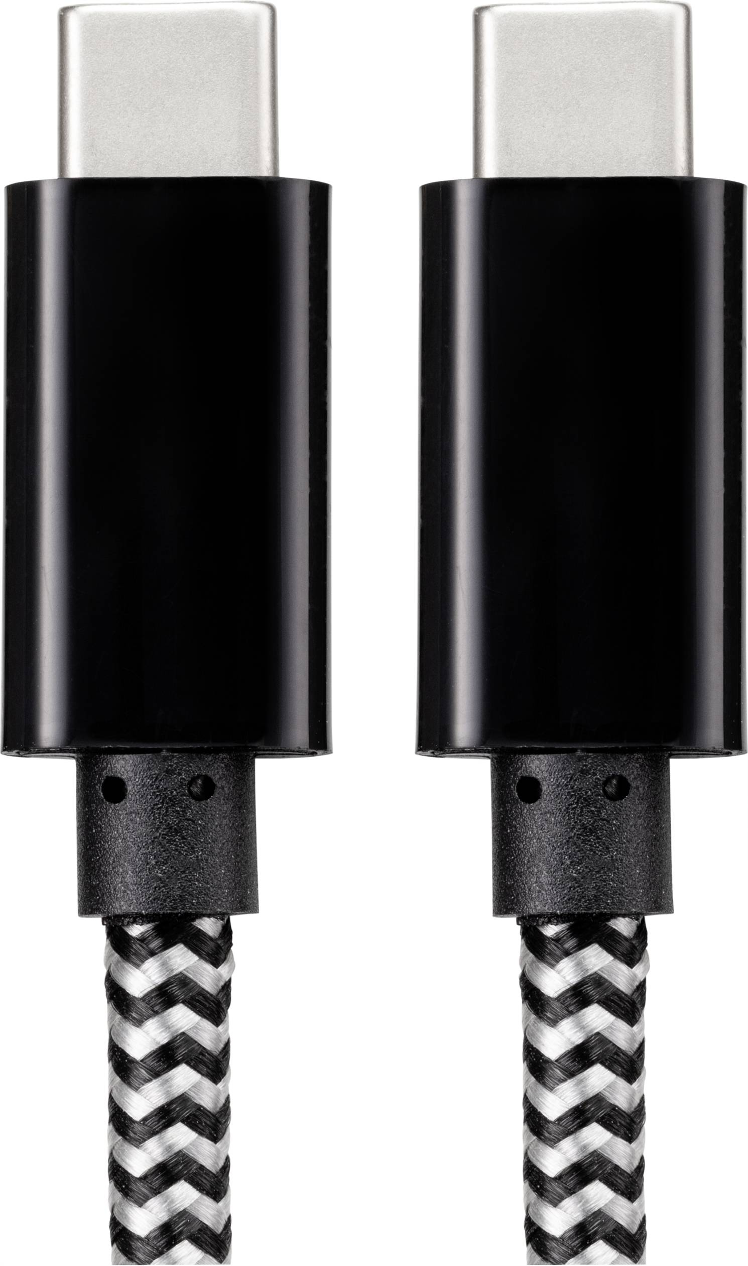 Deux câbles USB-C noirs avec un motif tressé, placés côte à côte.